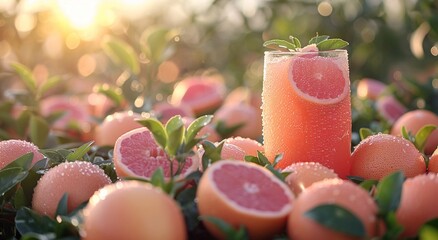Glass of fresh cold red grapefruit juice with grapefruit halves on harvest plantation field background.Macro.AI Generative