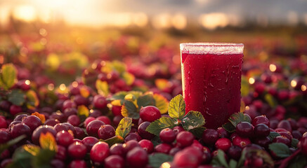 Fototapeta premium Glass of cold fresh healthy cranberry juice in cranberry harvest plantation field background.Macro.AI Generative.