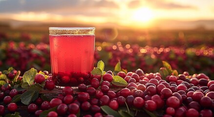 Glass of cold fresh healthy cranberry juice in cranberry harvest plantation field background.Macro.AI Generative.