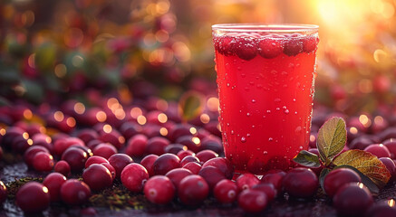 Glass of cold fresh healthy cranberry juice in cranberry harvest plantation field background.Macro.AI Generative.