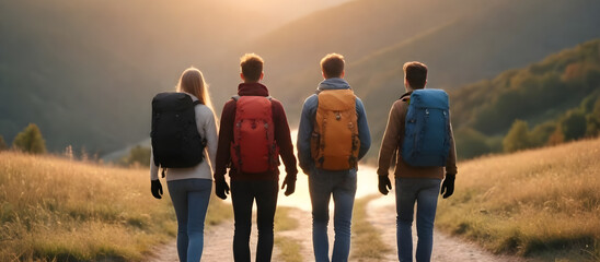 Four friends wearing backpacks are hiking up a steep hill together - obrazy, fototapety, plakaty