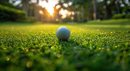 Golf ball on wet grass of empty golf resort field on sunny morning.Macro.AI Generative.