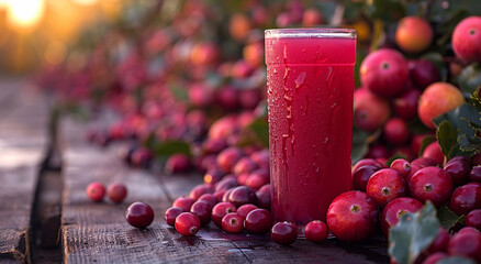 Glass of cold fresh healthy cranberry juice in cranberry harvest plantation field background.Macro.AI Generative. - Powered by Adobe