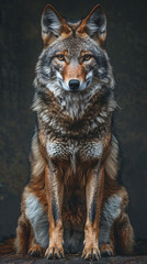 closeup of a Coyote sitting calmly, hyperrealistic animal photography, copy space for writing