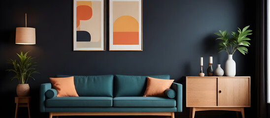 A living room featuring a blue couch against a wall with two paintings hanging above it. The room is well-lit, showcasing the modern and cozy decor