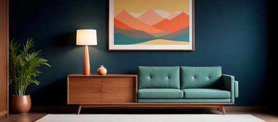 A living room featuring a blue couch against a wall with two paintings hanging above it. The room is well-lit, showcasing the modern and cozy decor