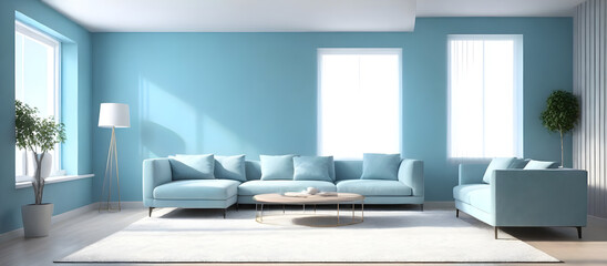 Fototapeta na wymiar A modern living room with blue walls and matching furniture. Creating a fresh and modern interior design