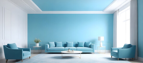 A modern living room with blue walls and matching furniture. Creating a fresh and modern interior design