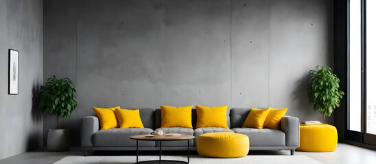 A living room featuring a gray couch adorned with bright yellow pillows, creating a modern and...