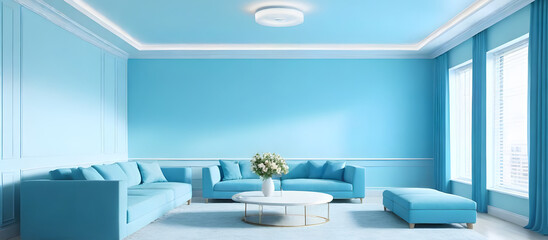 A modern living room with blue walls and matching furniture. Creating a fresh and modern interior design