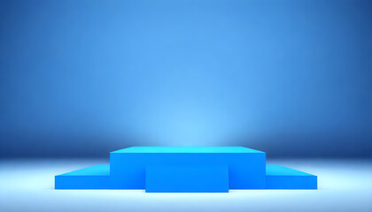Fototapeta na wymiar A blue podium stands under a bright spotlight against a blue background