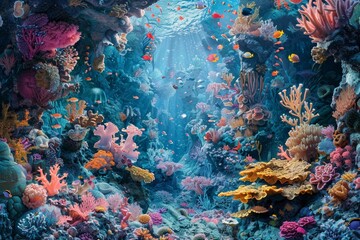 Naklejka na ściany i meble Underwater landscape, colorful coral reefs and exotic marine life