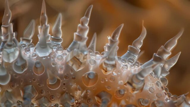 A highly magnified image of a single conidium showing its spindlelike shape and numerous spiky projections that provide a means of . AI generation.