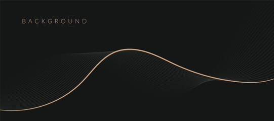 Stylized line art background design with black and golden wavy lines. Design elements of science and technology elements with line design. Vector illustration of black and golden wave lines.
