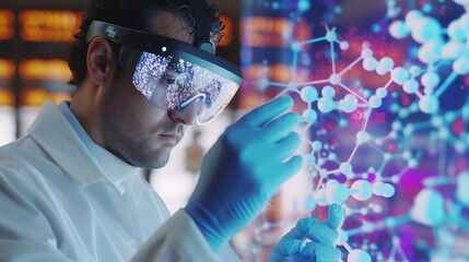 A scientist wearing augmented reality glasses to study molecular structures