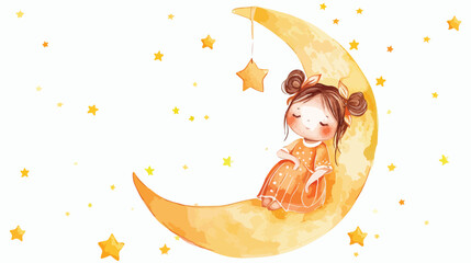 Watercolor illustration cute baby girl sits on moon