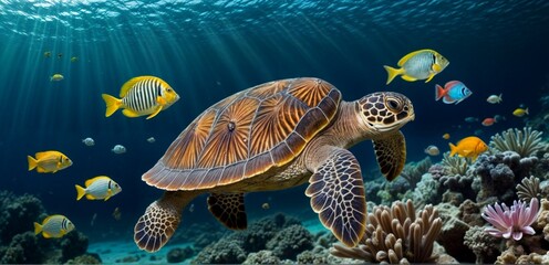 Obraz premium Turtle with group of colorful fish and sea animals with colorful coral underwater in ocean