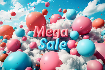 Obraz premium Mega Sale text on a background of clouds and balloons.