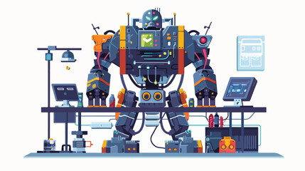 Battle robot transformer in science laboratory. Robotic