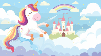 Fototapeta na wymiar Beautiful little unicorn with castle in the clouds