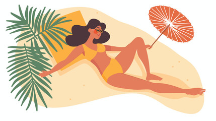Obraz na płótnie Canvas Body positive girl with a fan sunbathing on the beach