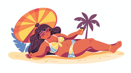 Obraz na płótnie Canvas Body positive girl with a fan sunbathing on the beach