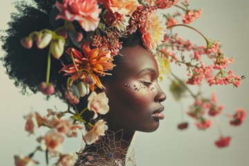 Fashion Portrait with Floral Arrangement Headwear, Soft Focus