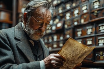 An elderly banker or lawyer examines a will or a list of valuables of wealthy client in a lavish private vault by rows of safety deposit boxes - obrazy, fototapety, plakaty