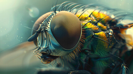 closeup of a Fly sitting calmly, hyperrealistic animal photography, copy space for writing