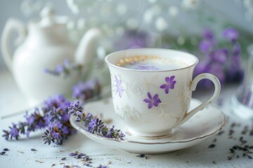 Lavender Latte Art in Floral Cup with Rustic Charm - obrazy, fototapety, plakaty