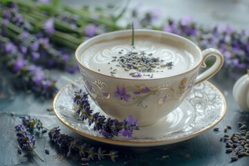 Gourmet Lavender Infused Latte in Decorative Cup Setting - obrazy, fototapety, plakaty