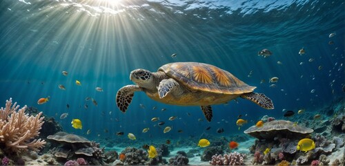 Obraz premium Turtle with group of colorful fish and sea animals with colorful coral underwater in ocean
