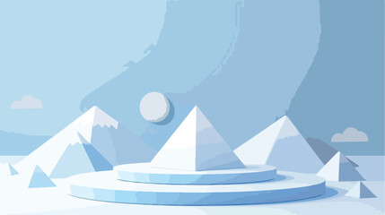 White podium with pyramids and ring on blue background