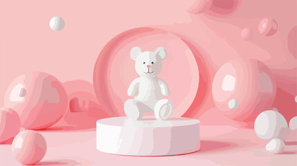 White podium with teddy bear on pink background. Pede
