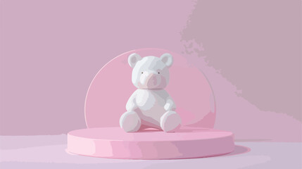White podium with teddy bear on pink background. Pede