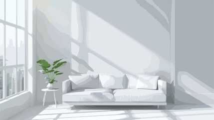 White room with sofa and urban landscape in window