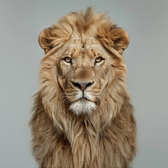 Close-up of a fresh lion front face, against solid color background, animal photography