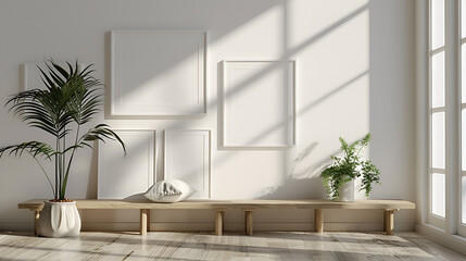 background with frames, White classic wall background, brown parquet floor, home furniture detail, frame. generative ai 