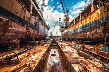 Shipyard Construction Zone with Gantry Cranes - obrazy, fototapety, plakaty