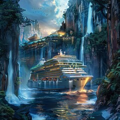 A cruise ship sailing near a majestic waterfall, showcasing the contrast between the man-made vessel and the natural wonder