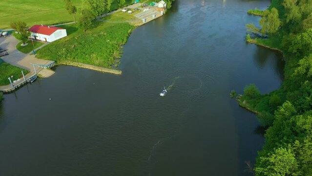 Motorboat River Odra Brzeg Motorowka Rzeka Aerial View Poland
