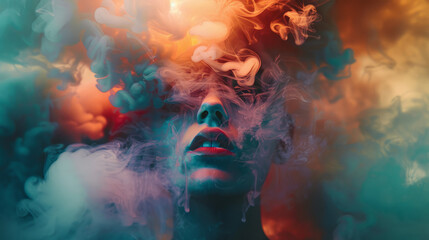 surreal portrait shrouded in a colorful cloud of smoke, symbolizing transcendence and transformation - obrazy, fototapety, plakaty