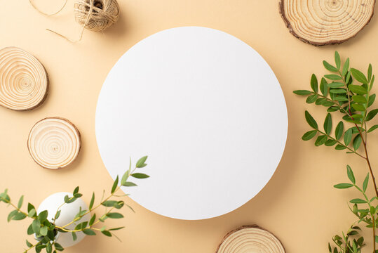 Simple beauty of wild nature concept. Top view photo of empty round frame with eucalyptus branches, cotton spool and wooden stands on isolated beige background with copy-space
