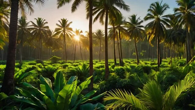 a lush green landscape of palm oil plantation