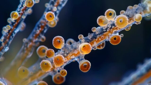 A highly detailed image of a conidium releasing spores showcasing its complex structure and function. . AI generation.