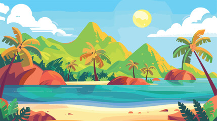 Fototapeta na wymiar Cartoon colorful view of tropical island with beach