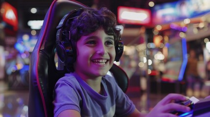 Happy qatari boy gamer is sitting in a gaming chair playing a video game