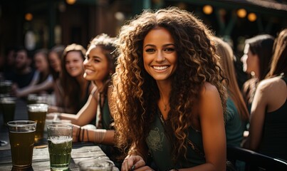 Group of Women Drinking Beers at Table