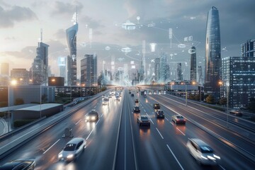 Fototapeta na wymiar Sustainable Cityscape with Autonomous Vehicles and AI