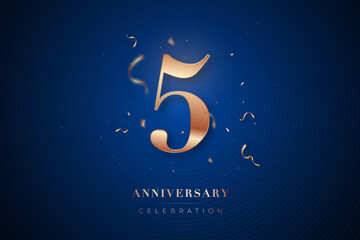 5st Anniversary celebration greeting card. Rose Gold metallic Number 5 with sparkling confetti on dark blue background. Design template for birthday or wedding party event decoration. - 780316145